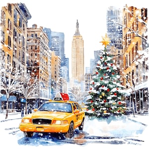 10 Clipart di New York innevata, Paesaggio invernale di New York City, Stampa artistica di New York, Arte natalizia di New York, Biglietto di Natale, Download digitale