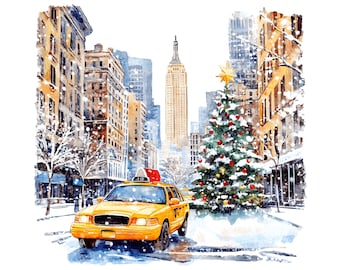 10 Snowy New York Clipart, Winter New York City Landscape, New York Art Print, Christmas New York Art, Christmas Card, Digital Download