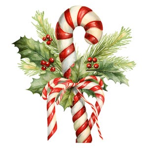 May include: A watercolour illustration of a candy cane with red and white stripes, decorated with holly leaves, red berries, and pine needles. A festive design for Christmas decorations and seasonal crafts.