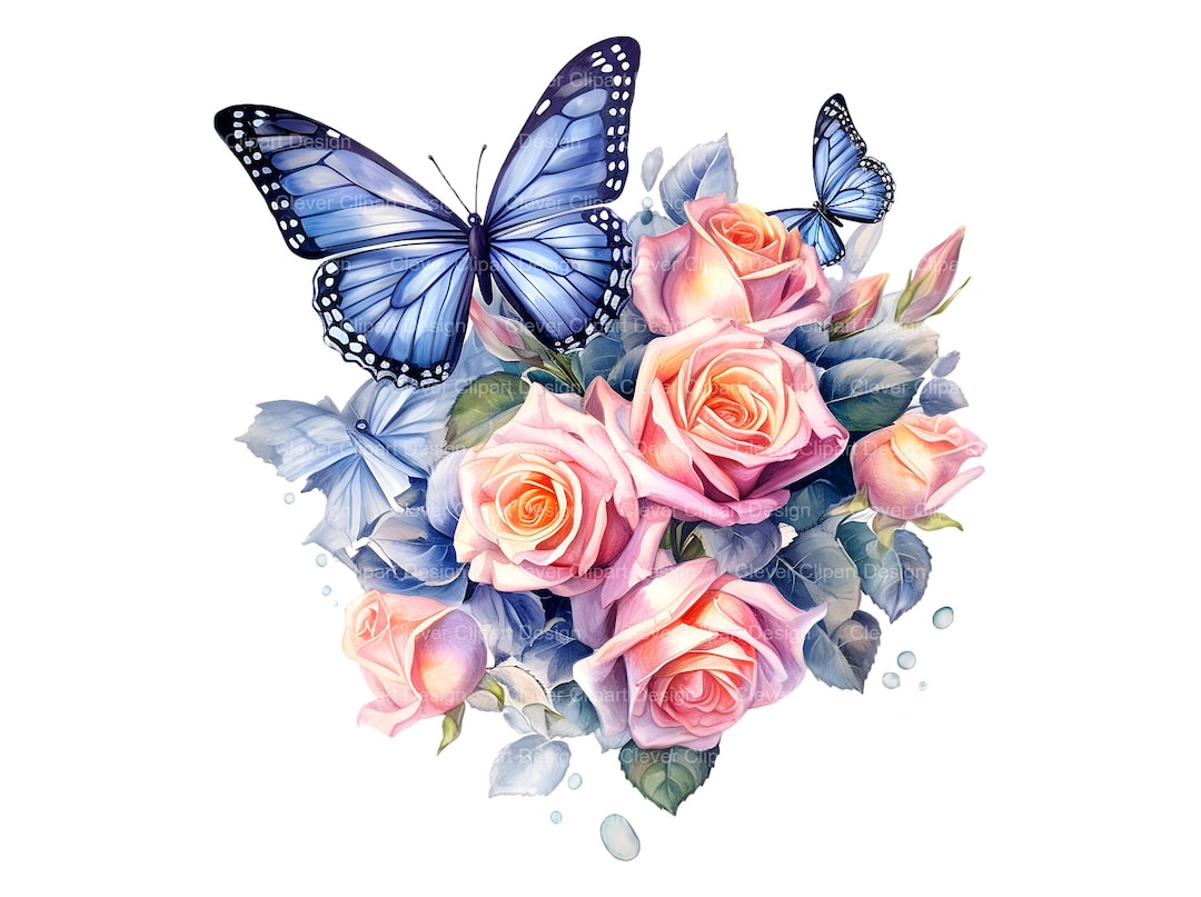 10 Butterflies and Roses Clipart - Watercolor Floral Butterfly With ...
