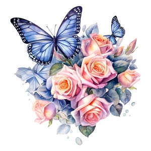 10 Butterflies and Roses Clipart, Floral Butterfly Clipart, Butterfly Digital Art, Printable Watercolor, Butterflies Flower PNG Images