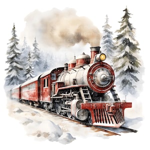 10 imágenes prediseñadas de tren de invierno, tren navideño PNG, tren de vapor festivo, paisaje de bosque invernal, paquete de imágenes PNG de tren de invierno, imágenes prediseñadas de tren navideño