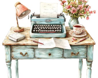 10 Writer’s Desk Clipart - Watercolor Vintage Desk & Typewriter (PNG/JPG Digital Download)