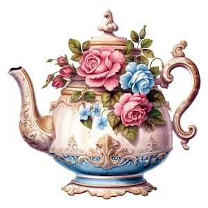 10 Vintage Floral Teapot Clipart, Floral Teapot Watercolor, Teapot with Flowers Printable, Cute Teapot Clipart, Floral Teapot Digital PNG