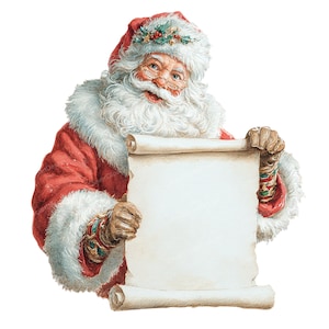 Puede incluir: Ilustración en acuarela de Papá Noel sosteniendo un pergamino en blanco. Papá Noel lleva un traje rojo con ribete de piel blanca, un gorro rojo con acebo y gafas. Su barba y bigote blancos son prominentes. El pergamino es beige.