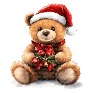 May include: A brown teddy bear wearing a red Santa hat and a red scarf with white snowflakes. The bear is holding a small Christmas tree with red baubles and a gold bell.