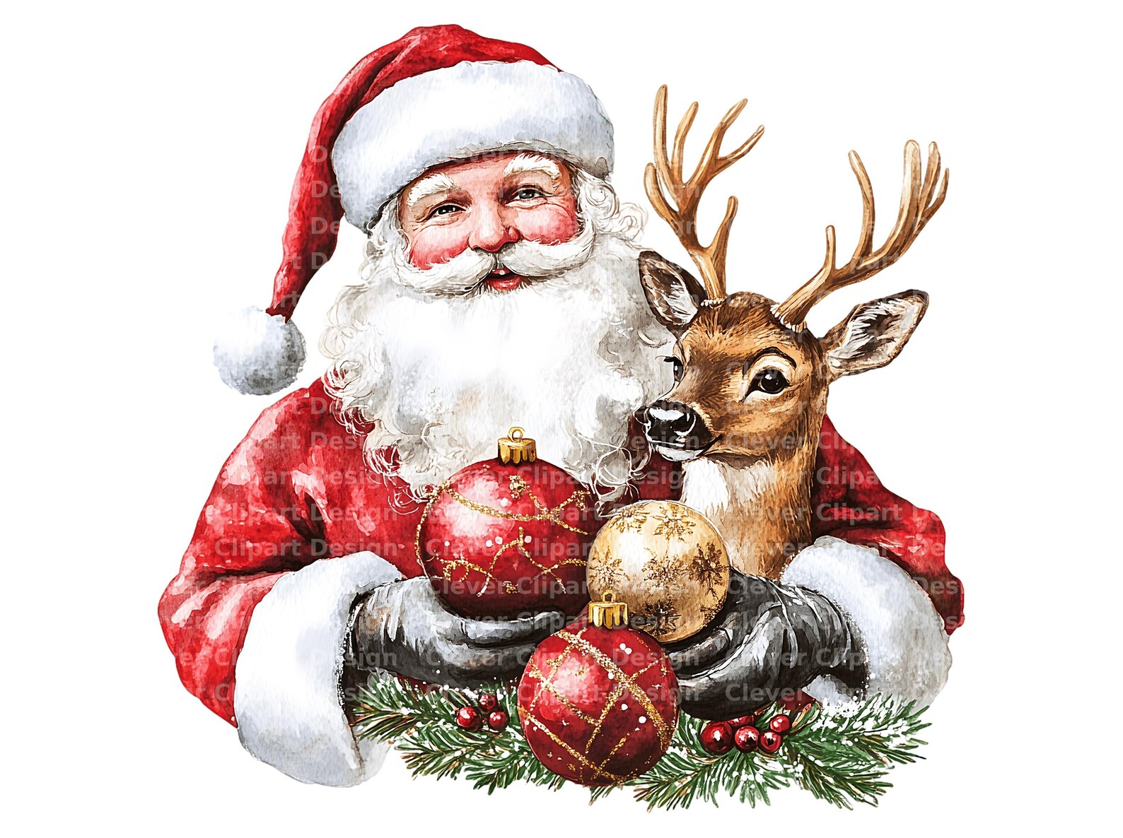 10 Santa and Reindeer Clipart - Watercolor Christmas PNG Bundle - Etsy