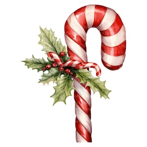 May include: A watercolour illustration of a candy cane with red and white stripes, decorated with holly leaves and red berries. This festive candy cane is a classic Christmas decoration, ideal for holiday crafts and designs.