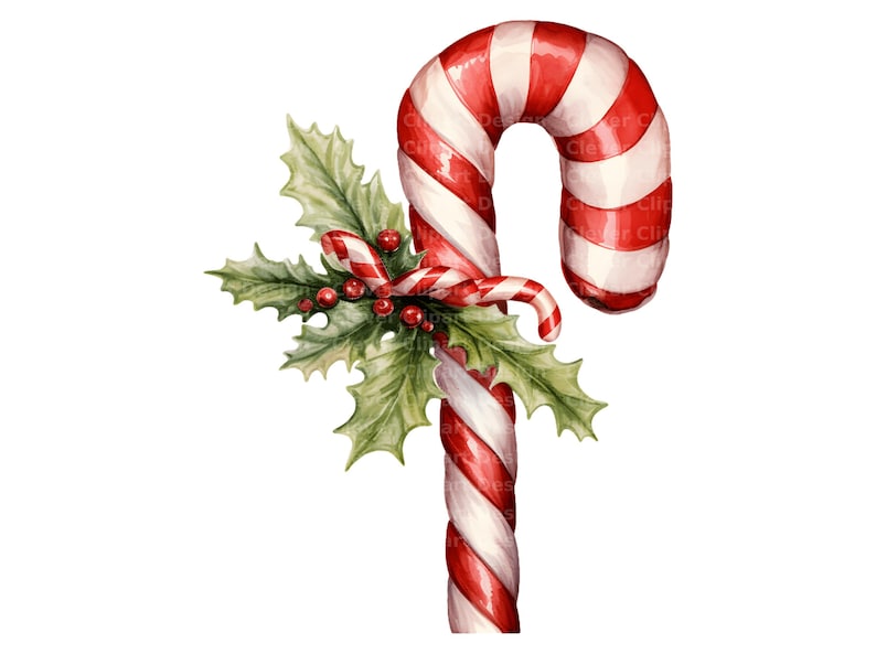 May include: A watercolour illustration of a candy cane with red and white stripes, decorated with holly leaves and red berries. This festive candy cane is a classic Christmas decoration, ideal for holiday crafts and designs.