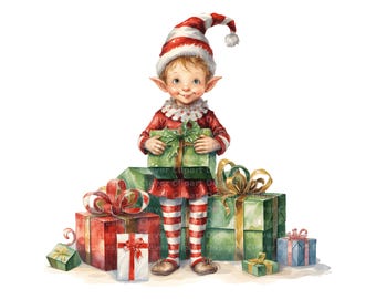 Op de afbeelding: Een kerst elf met een rood-witte muts zit op een stapel ingepakte cadeaus. De elf houdt een groene cadeaudoos vast met een rood lint. De cadeaus zijn ingepakt in groen en rood papier met gouden lint.