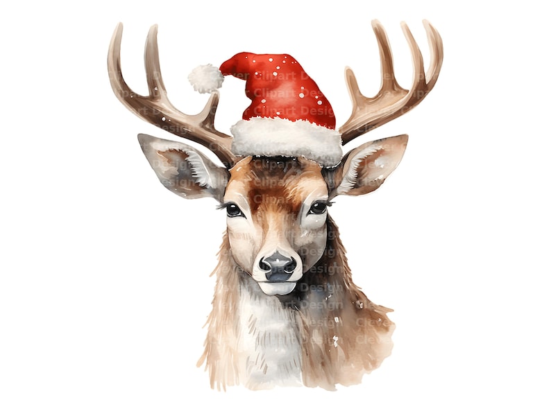 Pu&ograve; includere: Un dipinto ad acquerello di un cervo che indossa un cappello di Babbo Natale rosso con bordino bianco. Il cervo ha la pelliccia marrone e grandi corna.