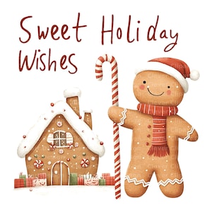 Op de afbeelding: Een peperkoekmannetje met een rode kerstmanmuts houdt een snoepstok vast en glimlacht. Het peperkoekmannetje staat naast een peperkoekhuis met een wit glazuur dak en versierd met snoep. De tekst "Sweet Holiday Wishes" staat boven het peperkoekmannetje en het huis.
