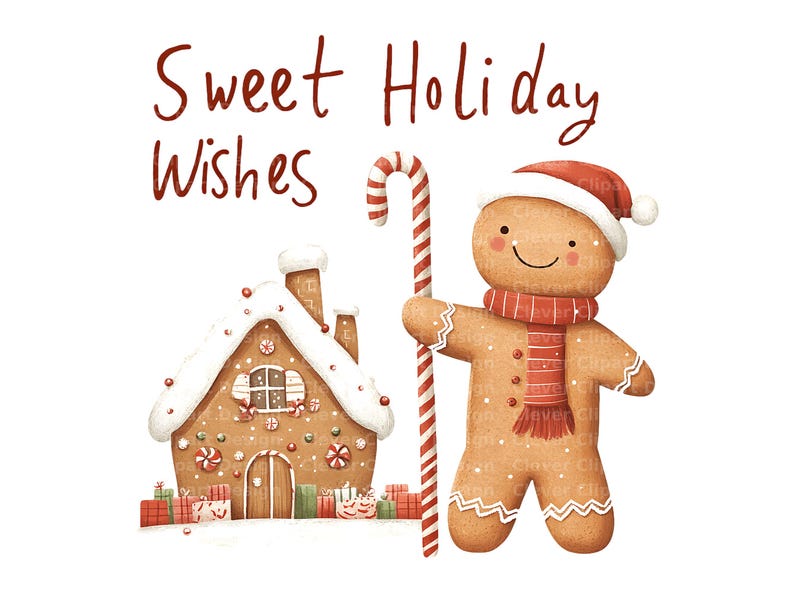 Op de afbeelding: Een peperkoekmannetje met een rode kerstmanmuts houdt een snoepstok vast en glimlacht. Het peperkoekmannetje staat naast een peperkoekhuis met een wit glazuur dak en versierd met snoep. De tekst "Sweet Holiday Wishes" staat boven het peperkoekmannetje en het huis.