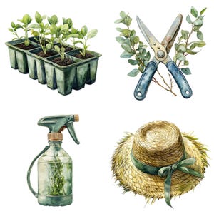 May include: Watercolor illustration of gardening tools and supplies. Includes a tray of seedlings, pruning shears, a spray bottle, and a straw hat with a green ribbon. The tools are arranged on a white background.