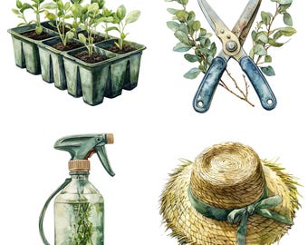 17 Gardening Tools Clipart - Vintage Watercolor Gardening Essentials (PNG/JPG)