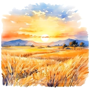 May include: A watercolor painting of a golden wheat field at sunset. The sun is setting behind a line of blue mountains, and the sky is a mix of orange, yellow, and blue. The wheat stalks are tall and golden, and the field is vast and empty.