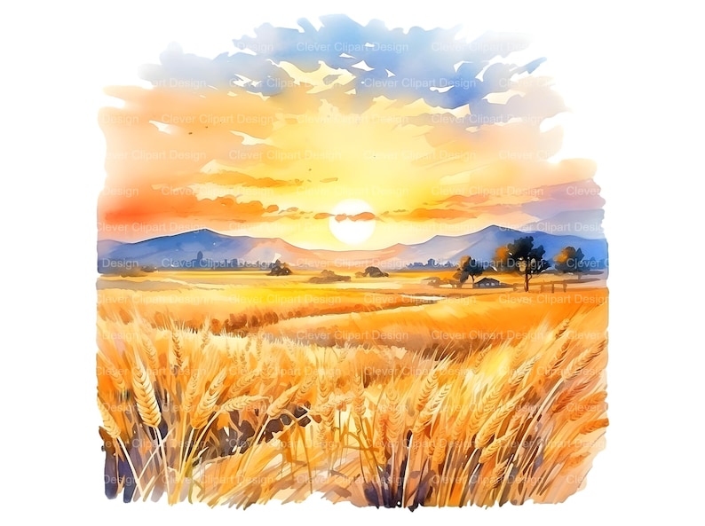 May include: A watercolor painting of a golden wheat field at sunset. The sun is setting behind a line of blue mountains, and the sky is a mix of orange, yellow, and blue. The wheat stalks are tall and golden, and the field is vast and empty.