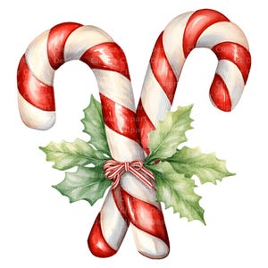 May include: Watercolour illustration of two candy canes with red and white stripes, decorated with green holly leaves and a red and white striped bow. A classic festive image.