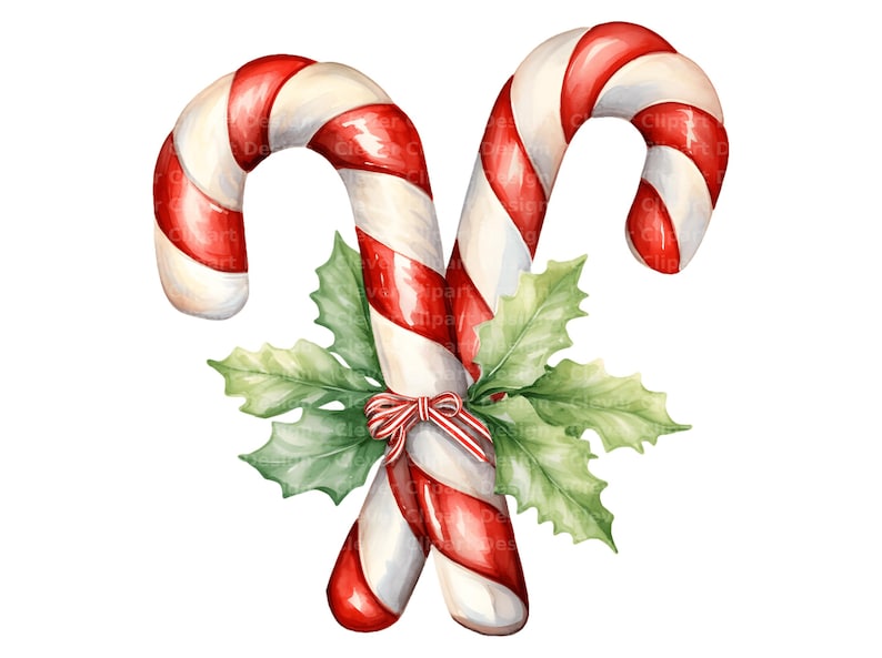May include: Watercolour illustration of two candy canes with red and white stripes, decorated with green holly leaves and a red and white striped bow. A classic festive image.