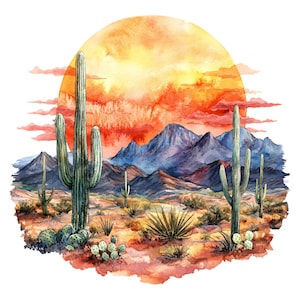 May include: Watercolor painting of a desert landscape with cacti, mountains, and a setting sun. The sky is a blend of orange, red, and yellow hues, with the sun partially obscured by clouds. The foreground features various desert plants.