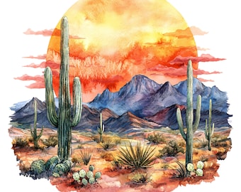 10 Desert Sunset Clipart - Watercolor Southwestern Cactus Landscape (PNG/JPG Digital Download)