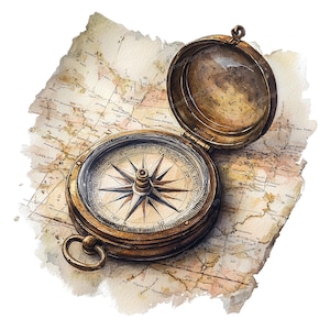 Peut inclure: Illustration à l'aquarelle d'une boussole en laiton vintage avec un couvercle ouvert, posée sur une carte ancienne détaillée. La boussole présente un design en forme d'étoile et un couvercle en verre transparent. La carte a un aspect vieilli.