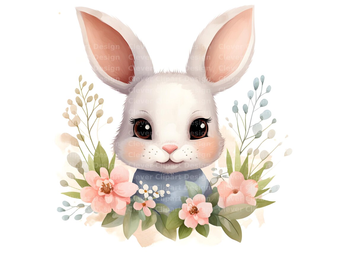 10 Watercolor Bunny Clipart - Baby Rabbits, Floral Nursery Set (PNG/JPG ...