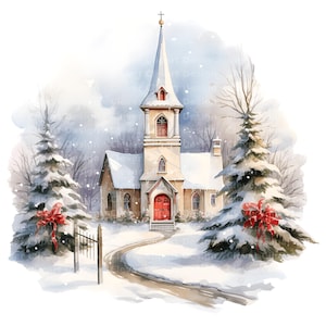 10 Christmas Church Clipart, Christmas Card, Winter Church Clipart, Christmas Church Watercolor, Church PNG Bundle, Church Digital Download