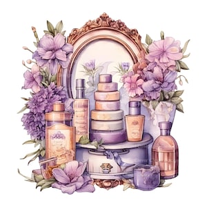 10 Vintage Floral Toiletry Clipart, Perfume Cosmetics Clipart, Watercolor Beauty Salon Clipart, Perfume Bottle Clipart, Makeup Clipart
