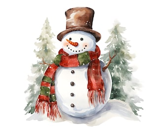 10 Watercolor Snowman Clipart - Winter Scene Clip Art Set (PNG/JPG Digital Download)