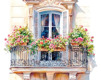 10 Paris Balcony Clipart - Watercolor Floral Windows & Balconies, French Architecture Art (PNG/JPG)