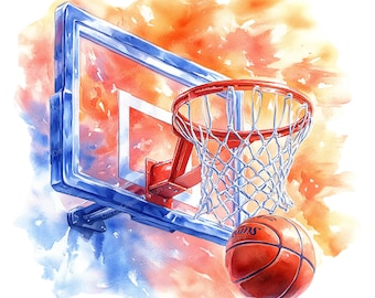 10 Basketball Clipart - Watercolor Hoop & Backboard, Sports Ball (PNG/JPG)