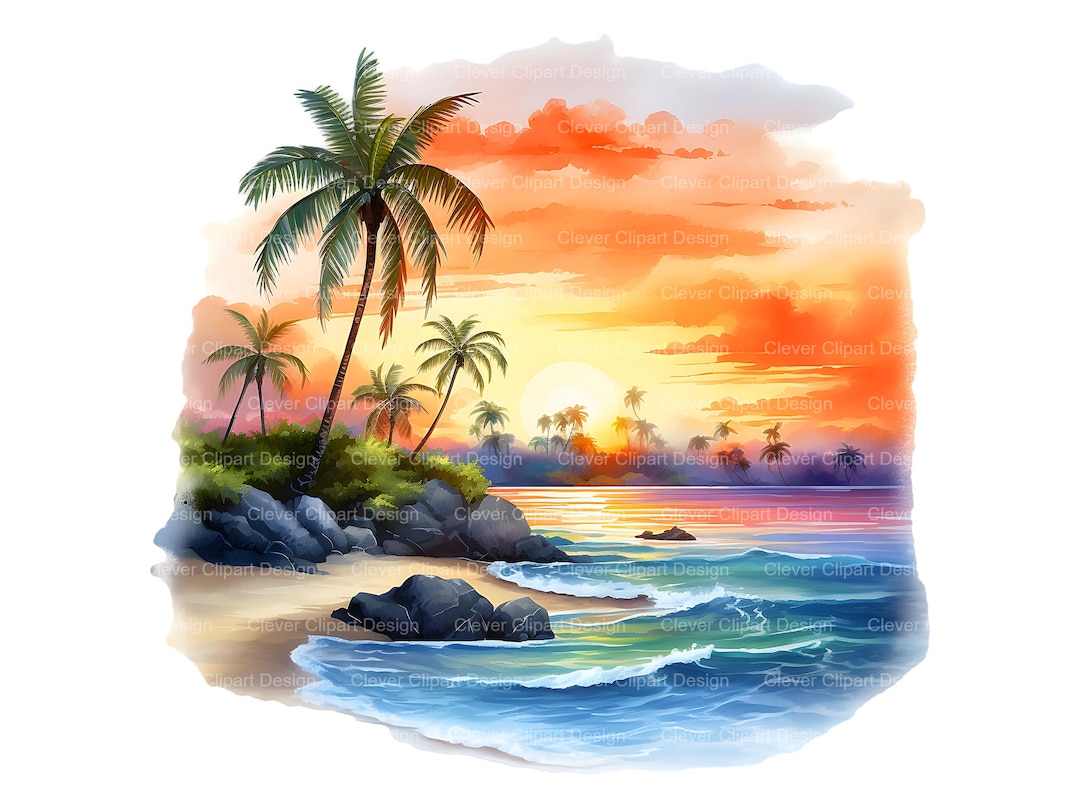 10 Island Sunset Clipart - Tropical Beach \u0026 Palm PNG Bundle - Etsy, image size:1080x807