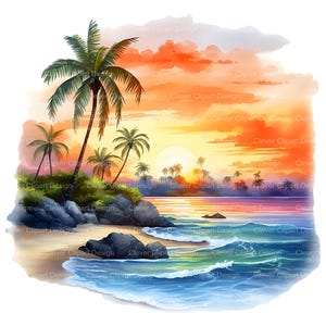 10 Clipart tramonto sull'isola, Immagini spiaggia tropicale, Arte murale isola, Tramonto tropicale con palma, Clipart palma PNG, Tramonto sull'oceano stampabile