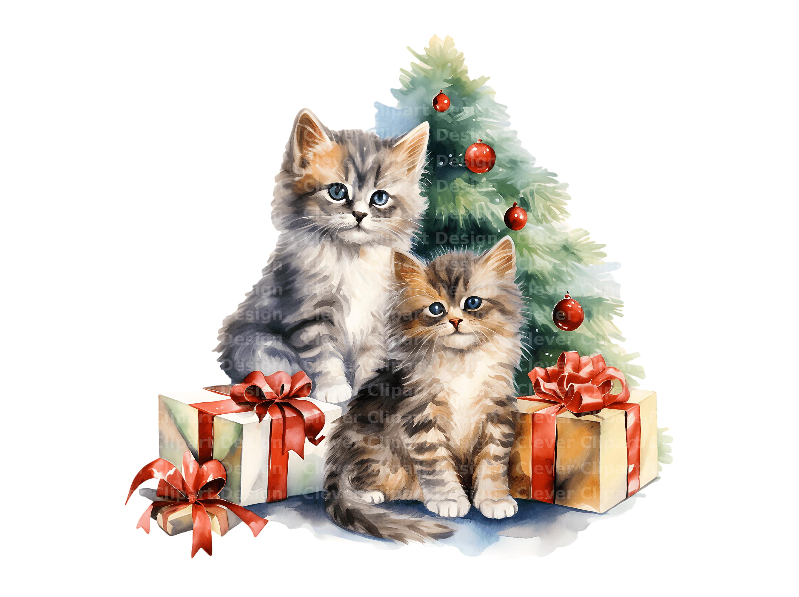 10 Christmas Cat Clipart - Watercolor Kittens Family PNG Bundle - Etsy