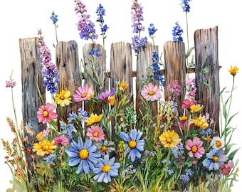10 Wildflower Fence Clipart - Watercolor Farmhouse Floral Garden Fence (PNG/JPG)
