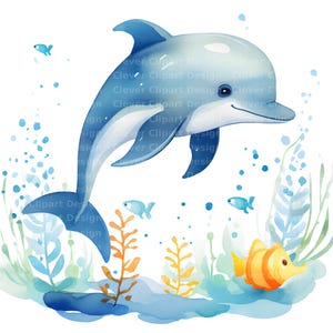 10 clipart fofos de golfinhos, golfinho de berçário, pacote de golfinhos PNG, aquarela de golfinhos, arte de golfinhos, arte digital de golfinhos, imagens de golfinhos
