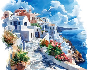10 Greek Island Houses Clipart - Santorini Watercolor, Coastal Village, Mediterranean Architecture (PNG/JPG)
