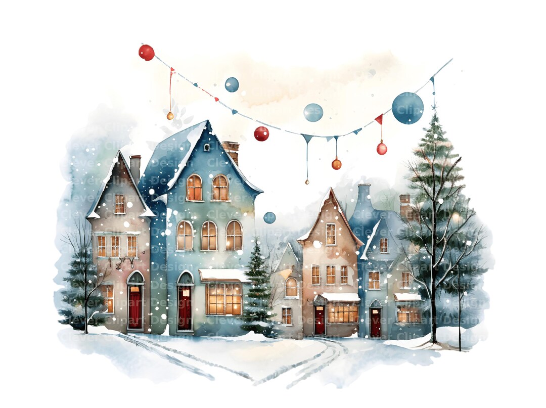 10 Christmas Village Clipart - Watercolor Winter Houses (PNG/JPG ...