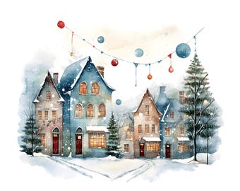 10 Christmas Village Clipart - Watercolor Winter Houses (PNG/JPG Digital Download)