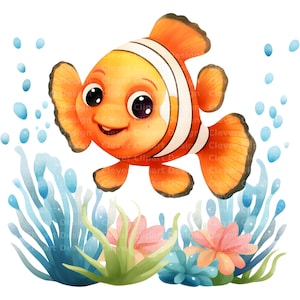 10 Clownfish Clipart, Cute Clownfish PNG, Clownfish Art, Digital Download, Clownfish PNG Bundle, Watercolor Clownfish, Clownfish Printable