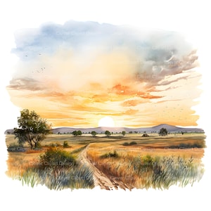 May include: A watercolor painting of a sunset over a field with a dirt road leading into the distance. The sky is a mix of orange, yellow, and blue, with fluffy clouds. The sun is setting in the distance, casting a warm glow over the landscape. There are trees and bushes scattered throughout the field.