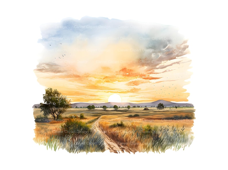May include: A watercolor painting of a sunset over a field with a dirt road leading into the distance. The sky is a mix of orange, yellow, and blue, with fluffy clouds. The sun is setting in the distance, casting a warm glow over the landscape. There are trees and bushes scattered throughout the field.