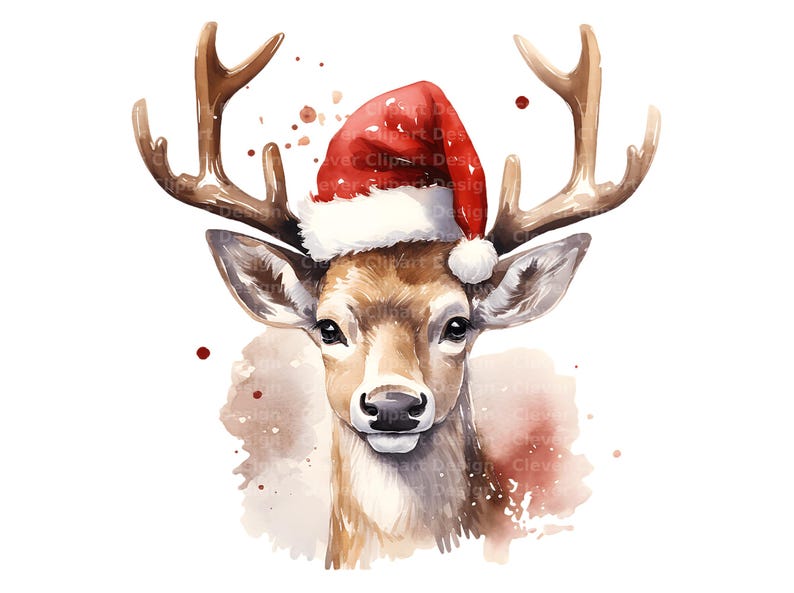 Pu&ograve; includere: Dipinto ad acquerello di un cervo che indossa un cappello rosso di Babbo Natale. Il cervo ha una pelliccia marrone e grandi corna. Lo sfondo &egrave; un acquerello di colore marrone e rosso.