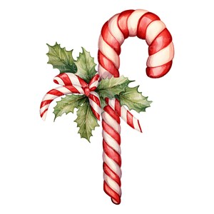 May include: A watercolour illustration of a candy cane with red and white stripes, decorated with green holly leaves and a red and white striped bow. A festive Christmas design.