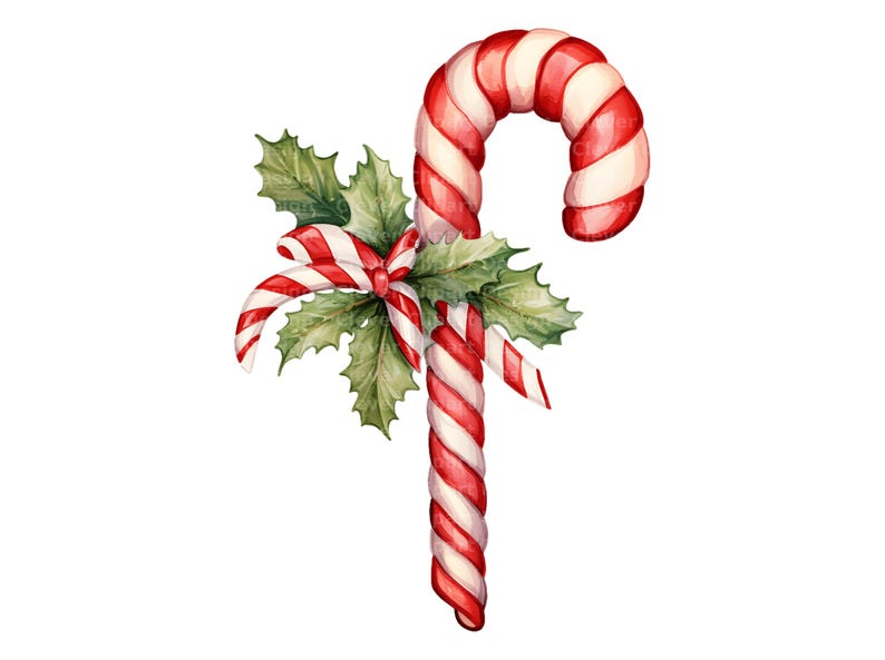 May include: A watercolour illustration of a candy cane with red and white stripes, decorated with green holly leaves and a red and white striped bow. A festive Christmas design.