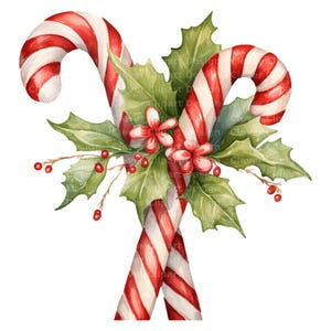 May include: Watercolour illustration of two candy canes with red and white stripes, intertwined with green holly leaves, red berries, and small red flowers. A festive, holiday-themed design.