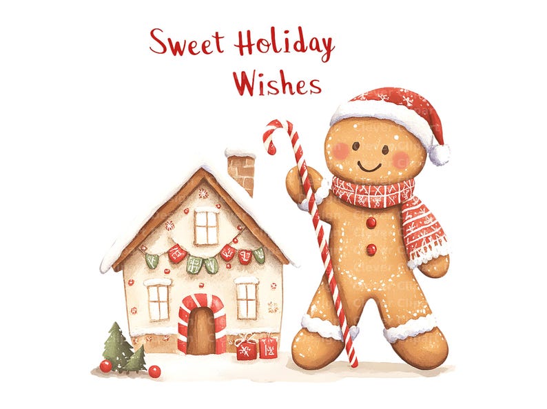 Op de afbeelding: Een peperkoekmannetje dat een snoepstokje vasthoudt staat naast een peperkoekhuisje dat versierd is met rode en groene snoepjes. De tekst "Sweet Holiday Wishes" staat boven het peperkoekmannetje.