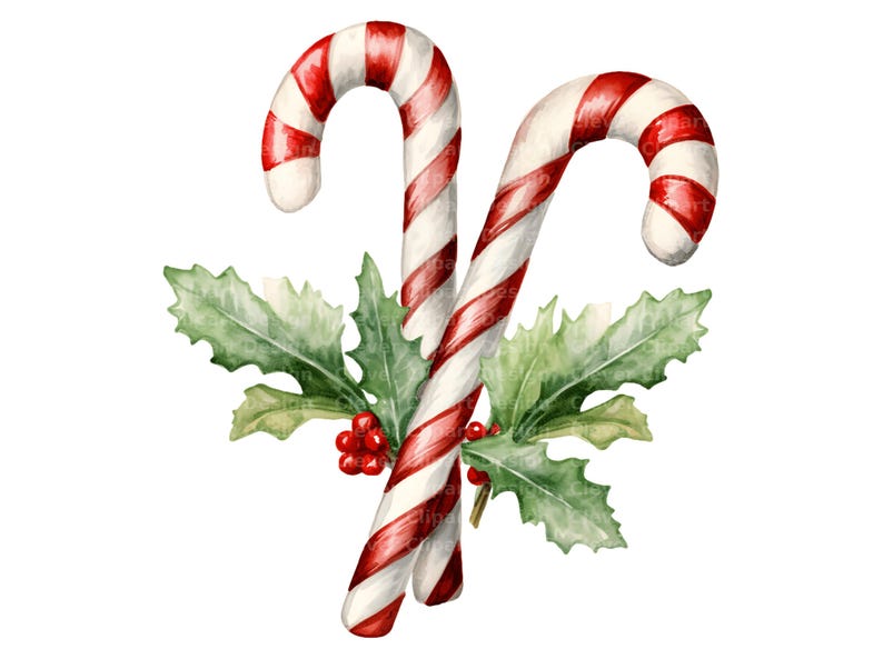 May include: A watercolour illustration featuring two candy canes with red and white stripes, accompanied by green holly leaves and red berries. The image is set against a white background, creating a festive Christmas theme.