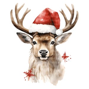 Pu&ograve; includere: Dipinto ad acquerello di un cervo che indossa un cappello rosso di Babbo Natale. Il cervo ha una pelliccia marrone e grandi corna. Lo sfondo &egrave; bianco con schizzi di acquerello rosso.